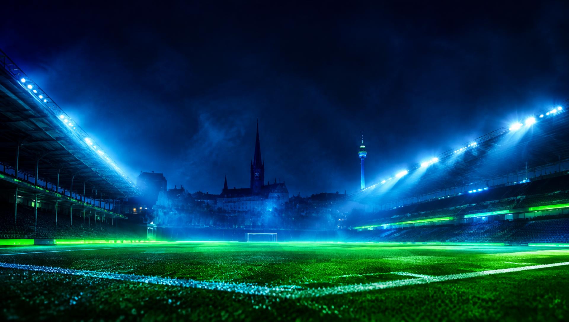 Floodlit night football stadium